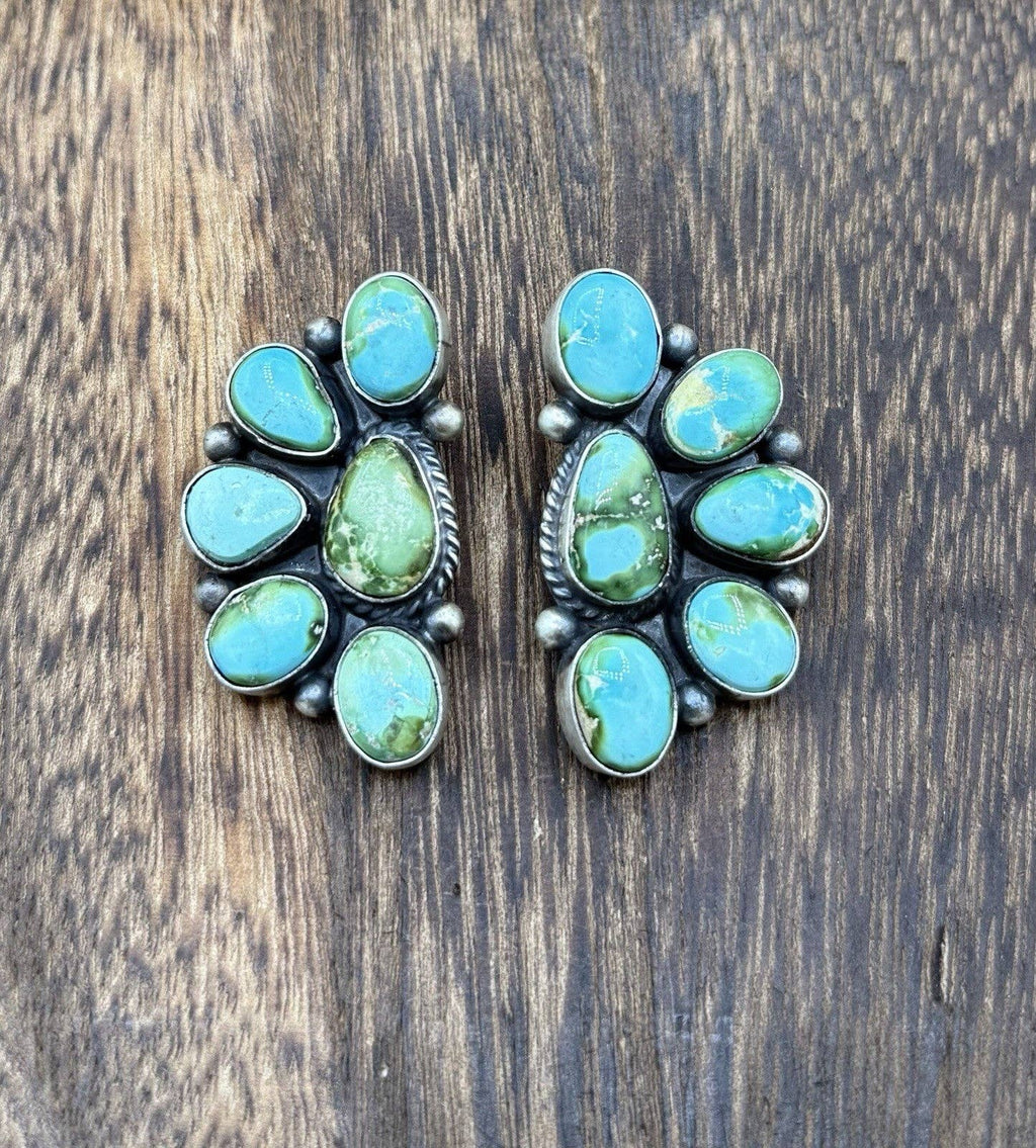 Navajo Handmade Sterling Silver Sonoran Gold Turquoise Half Cluster Earrings