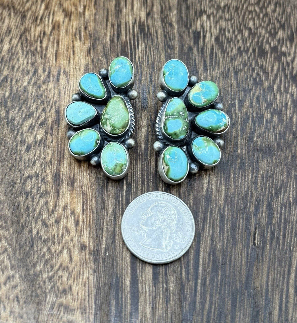 Navajo Handmade Sterling Silver Sonoran Gold Turquoise Half Cluster Earrings